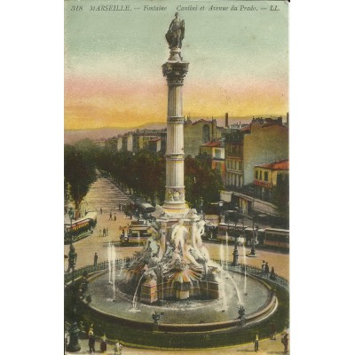 CPA: MARSEILLE, FONTAINE CANTINI ET AVENUE DU PRADO,COULEURS, vers 1900.