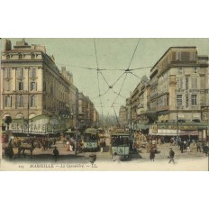 CPA: MARSEILLE, LA CANNEBIERE ANIMEE EN COULEURS, vers 1900.