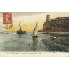 CPA: MARSEILLE, REMORQUEUR SORTANT DU PORT , ANNEES 1900.