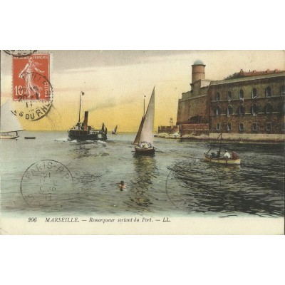 CPA: MARSEILLE, REMORQUEUR SORTANT DU PORT , ANNEES 1900.