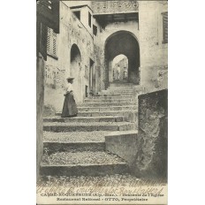 CPA: CABBE-ROQUEBRUNE, Descente de l'Eglise, Restaurant National, Années 1900.