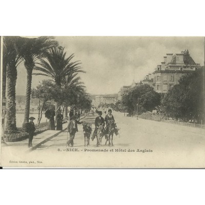 CPA - NICE, PROMENADE ET HOTEL DES ANGLAIS, ANES, ENFANTS, vers 1900.