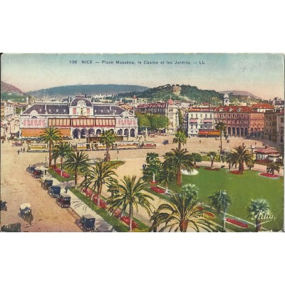 CPA - NICE, PLACE MASSENA, LE CASINO et LES JARDINS (couleurs), vers 1930.