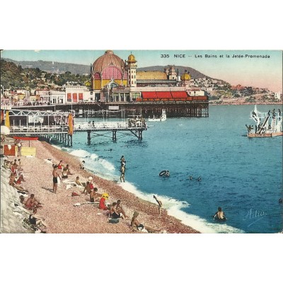 CPA - NICE, les bains et la jetee-promenade (couleurs), vers 1930.