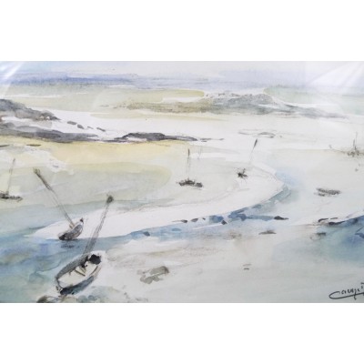 René Sim LACAZE (1901-2000). LES BATEAUX A MAREE BASSE, COTE BRETONNE, AQUARELLE.